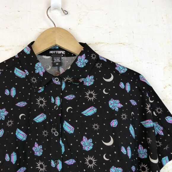 Hot Topic Shirt Womens M Black Pastel Crystals Celestial Crop Button Up Goth - Picture 5 of 13